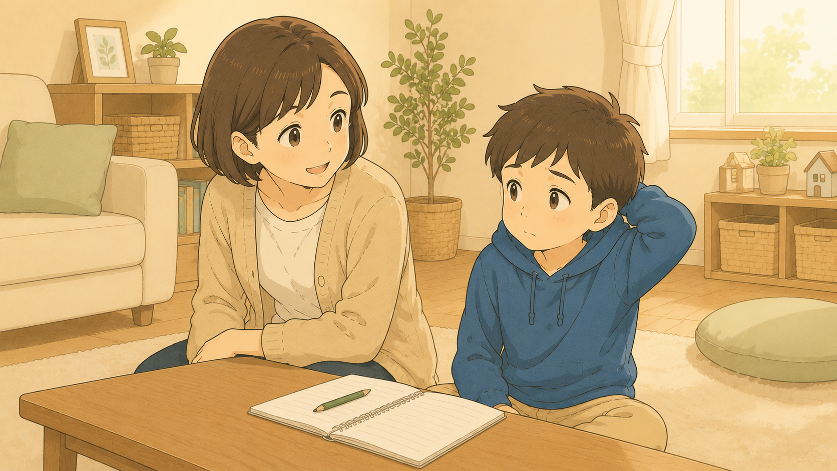 リビングで子どもと責めずに穏やかに向き合う母のイメージイラスト