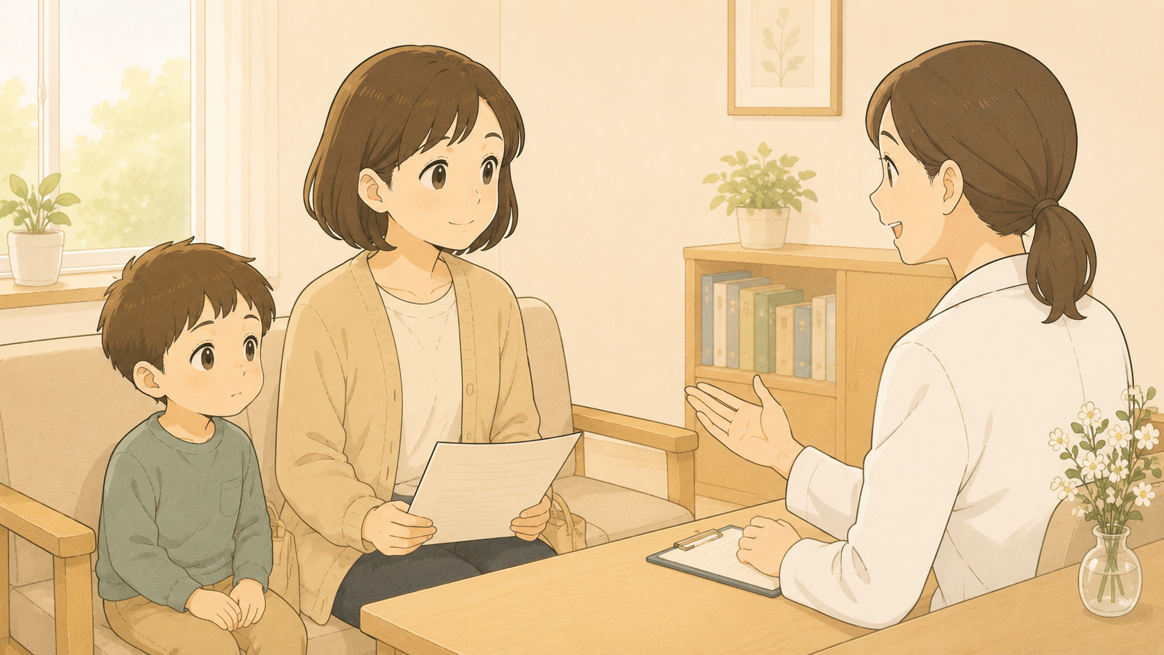 診察室で診断の説明を聞く母と幼い子のイメージイラスト