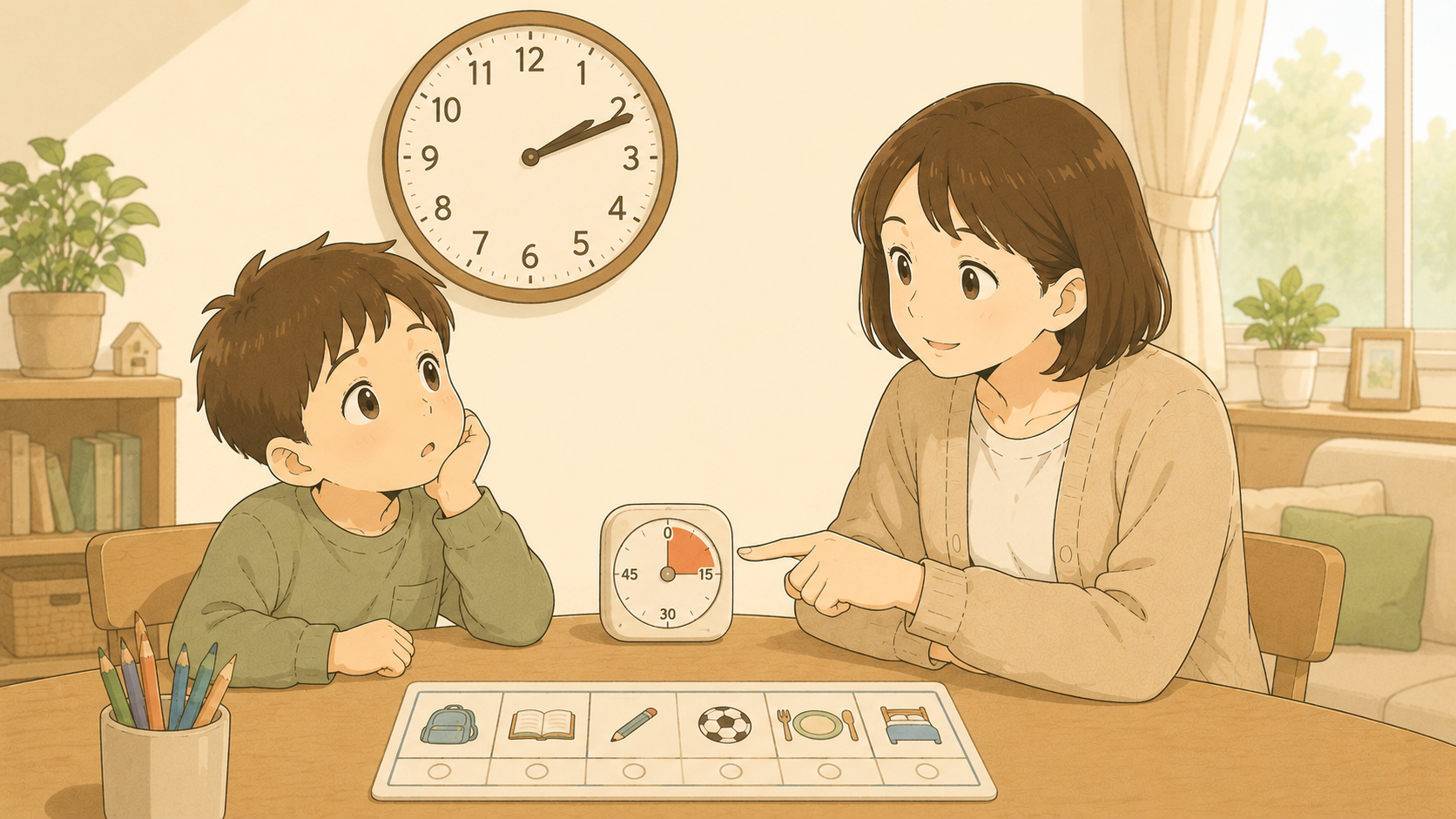 時計とタイマーとスケジュール表を見る子と母のイラスト