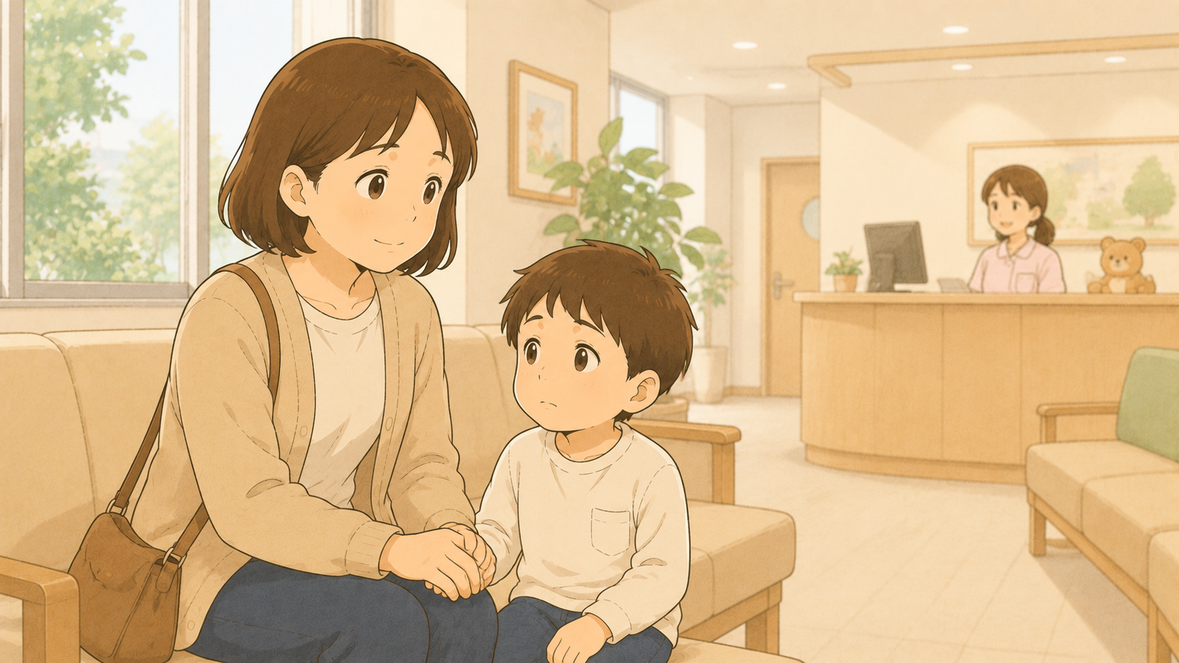 小児科の待合室で子どもと座る母親のイラスト