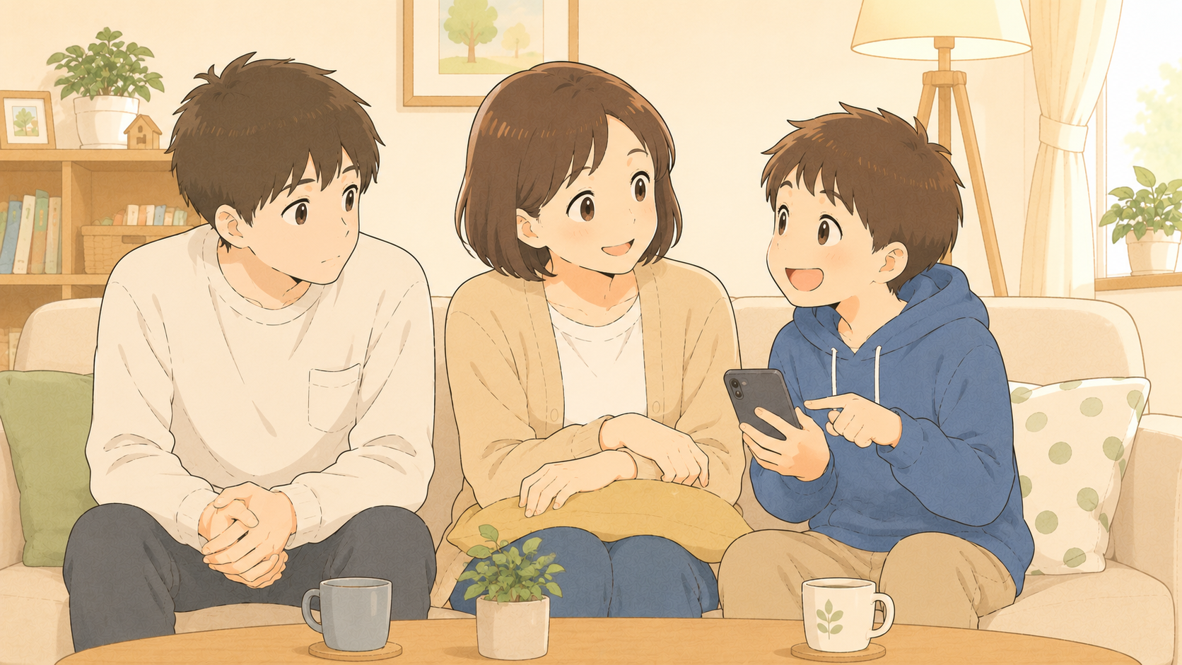 無口な兄とスマホを見せる弟の間に座る母親のイラスト