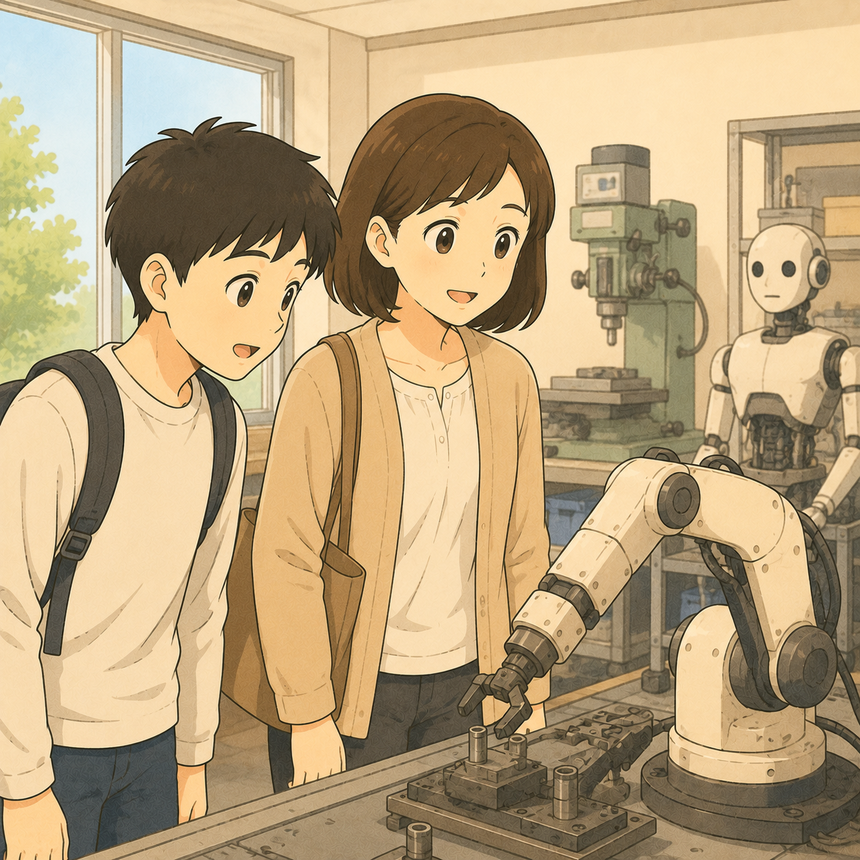 高専の実習室でロボットや機械を見学する母と息子のイラスト