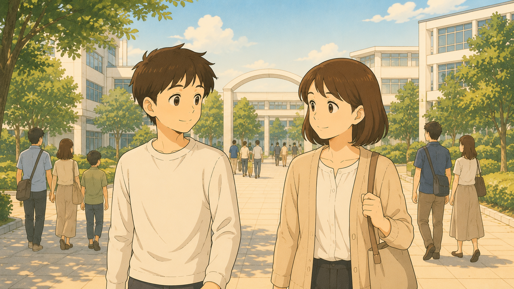 夏のオープンキャンパスで大学のキャンパスを歩く母と高専生の長男のイラスト