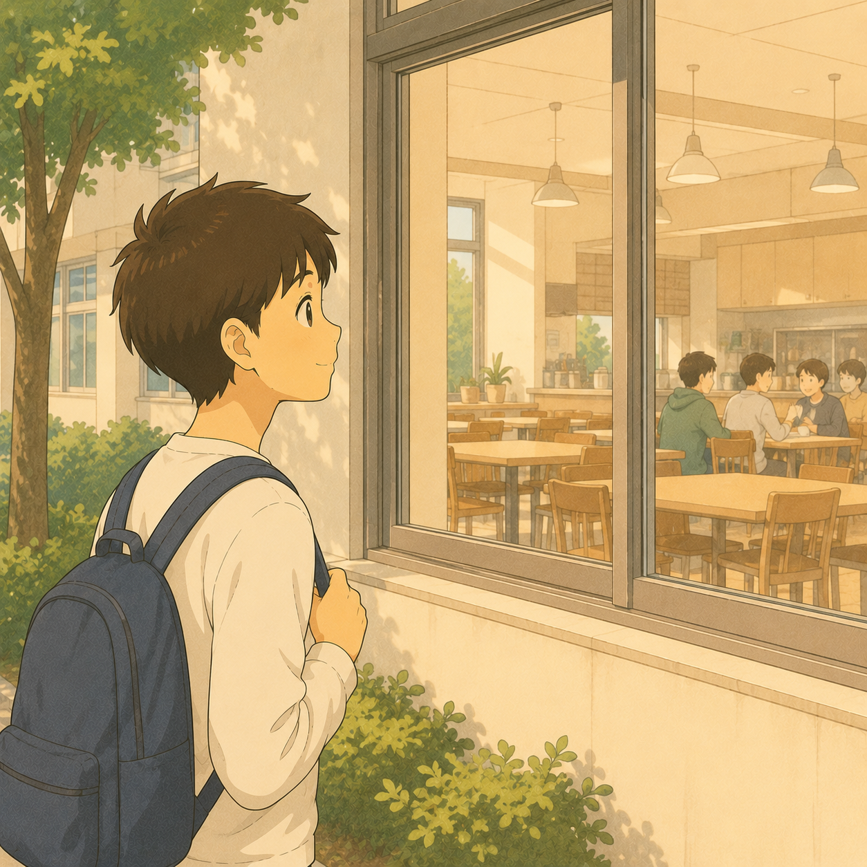 寮の食堂を窓越しに見上げる長男のイラスト