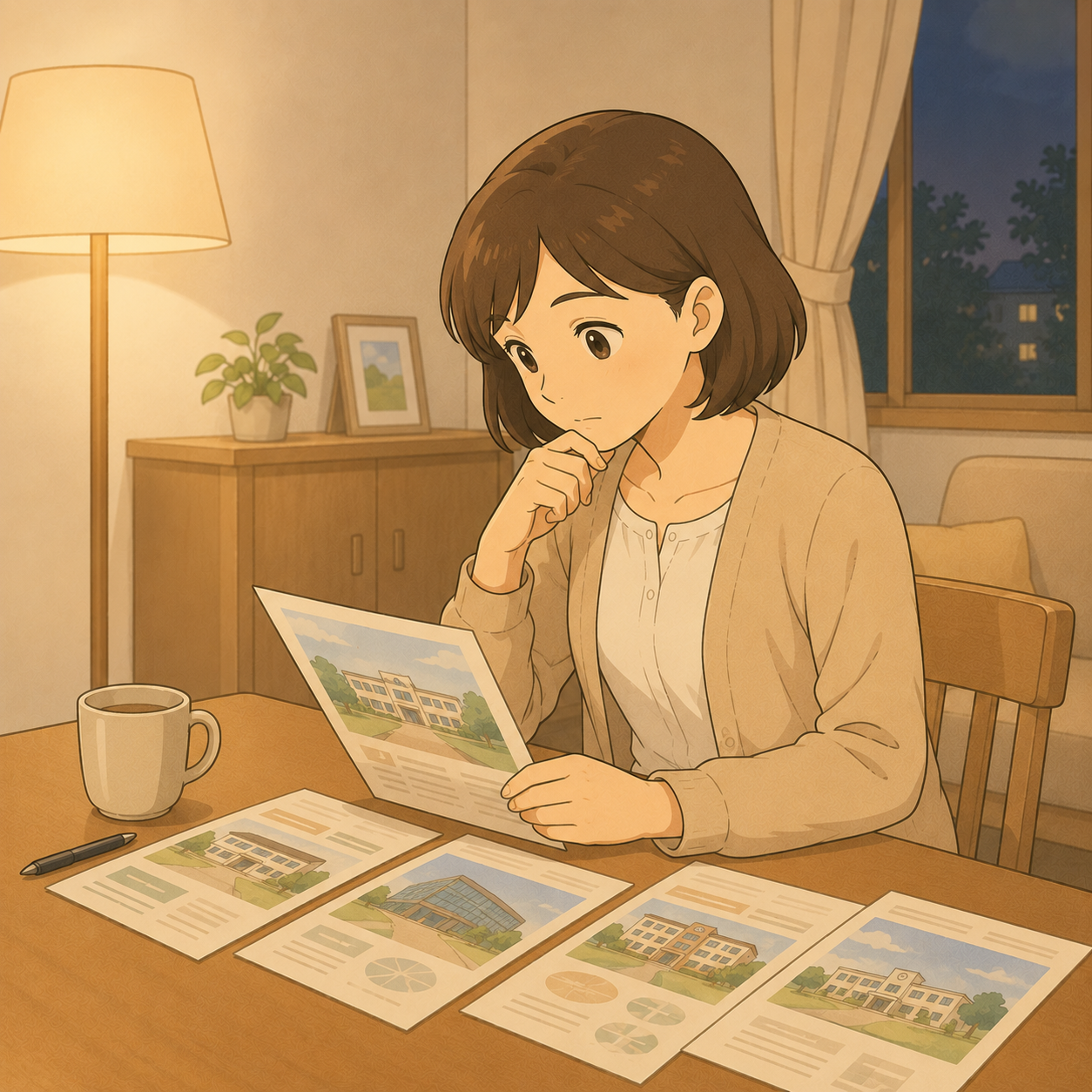 夜のテーブルで高校のパンフレットを見比べる母のイラスト