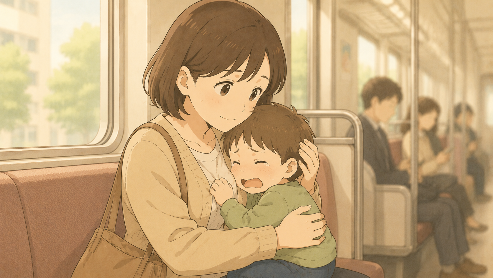 電車で泣く幼子を抱いてあやす母親のイラスト