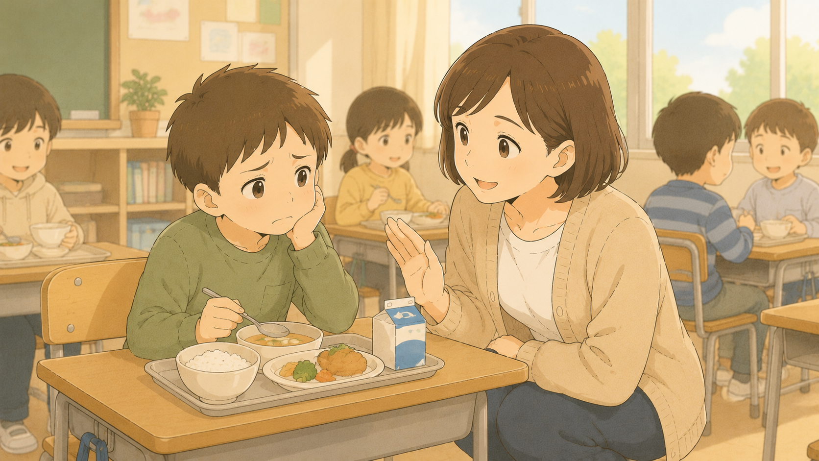 給食を前に困る子に優しく話す先生のイラスト