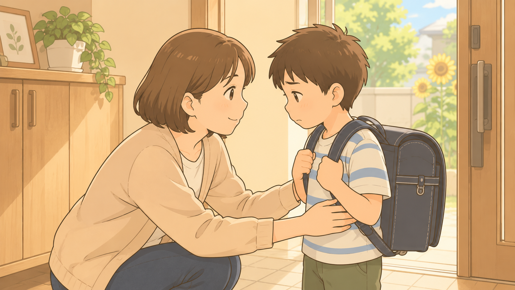 夏休み明けの朝、玄関で行きしぶる子どもに寄り添う母親のイラスト
