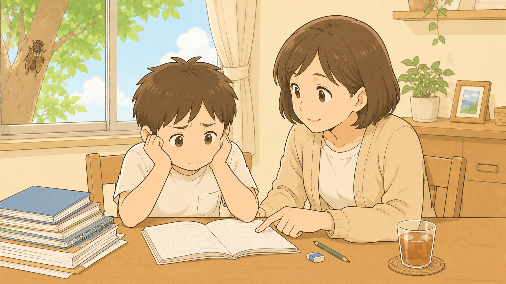 夏休みの宿題に取り組む子と見守る母のイラスト
