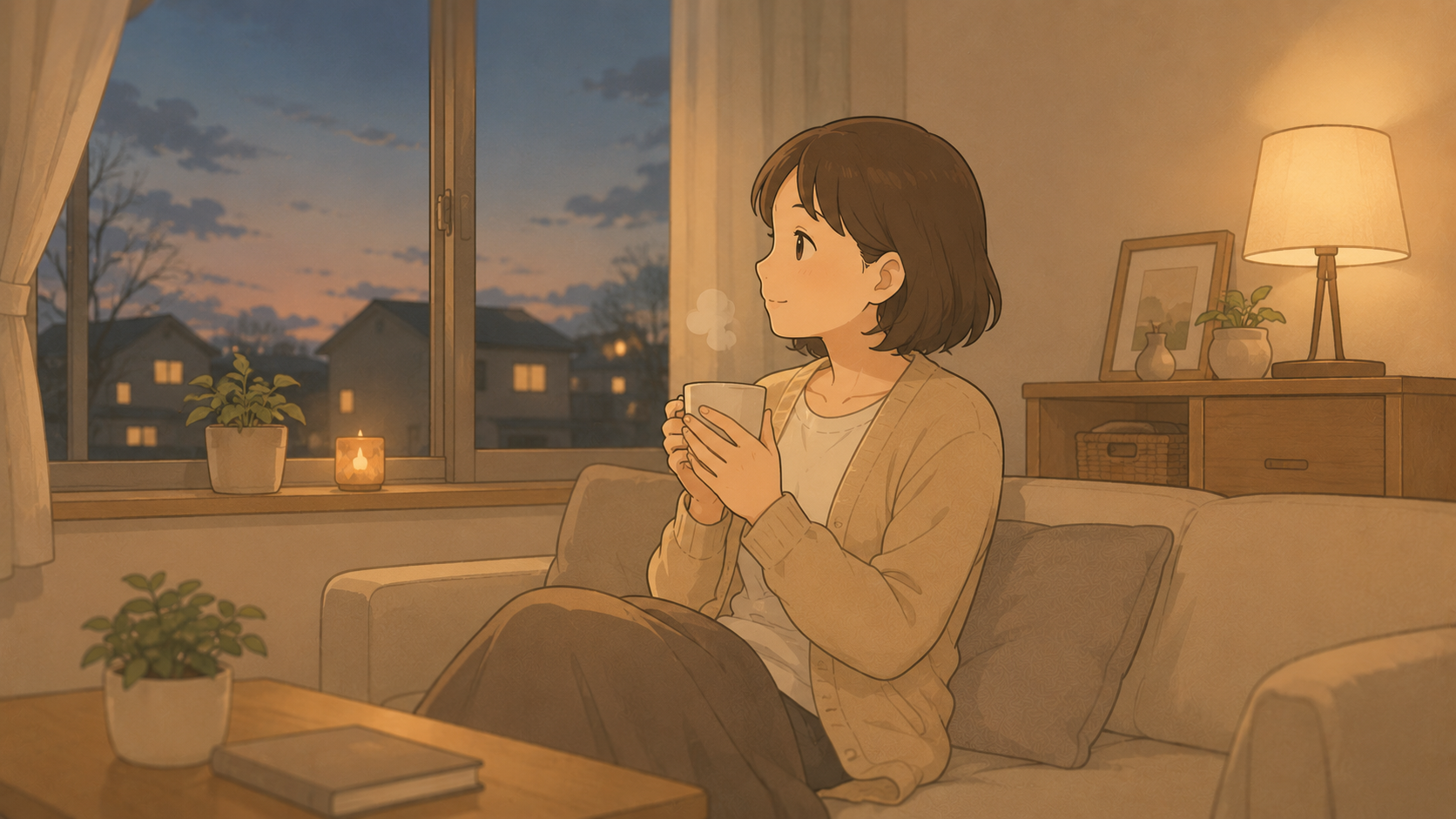 夜の窓辺で温かいお茶を飲み一息つく母親のイラスト