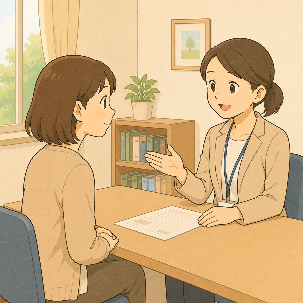 相談室でカウンセラーと話す母のイラスト