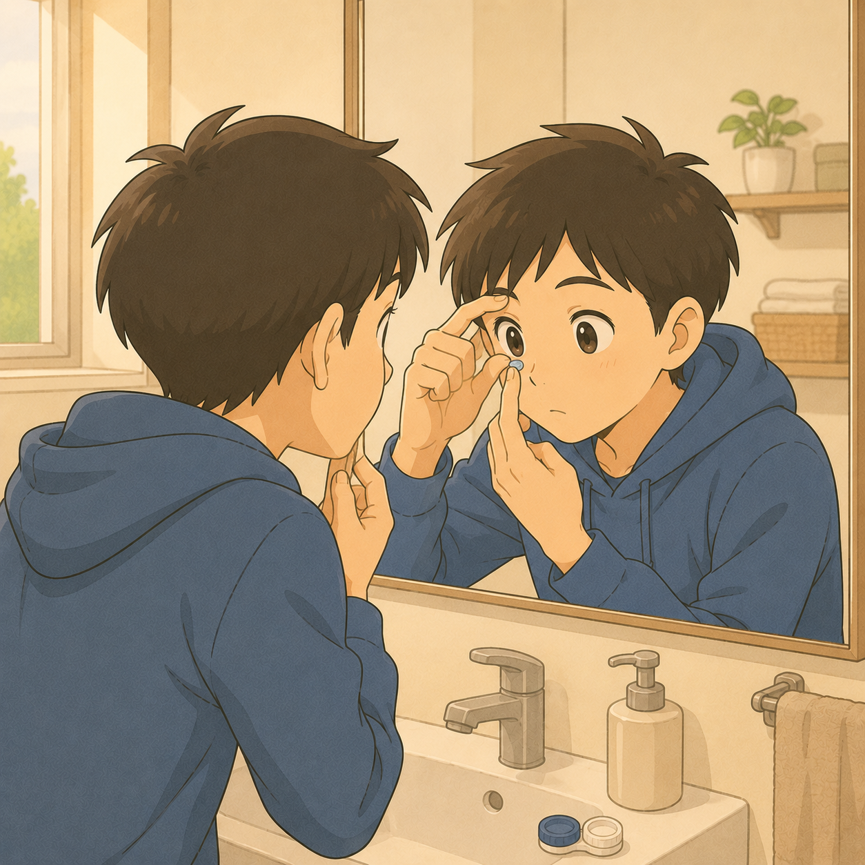 洗面所の鏡の前でコンタクトを入れる中学生のイラスト