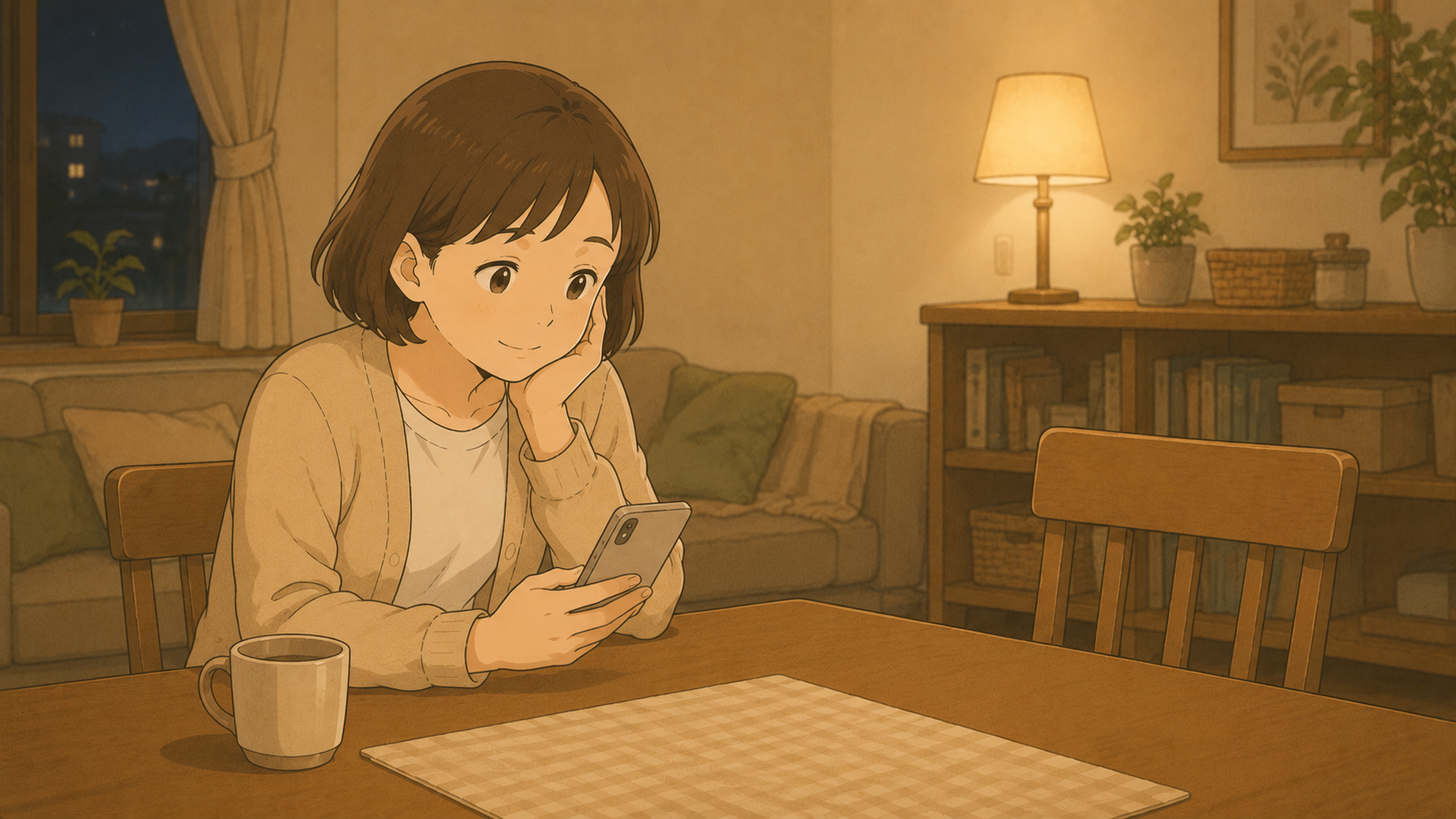 夜にスマホのメッセージを見て見守る母親のイラスト