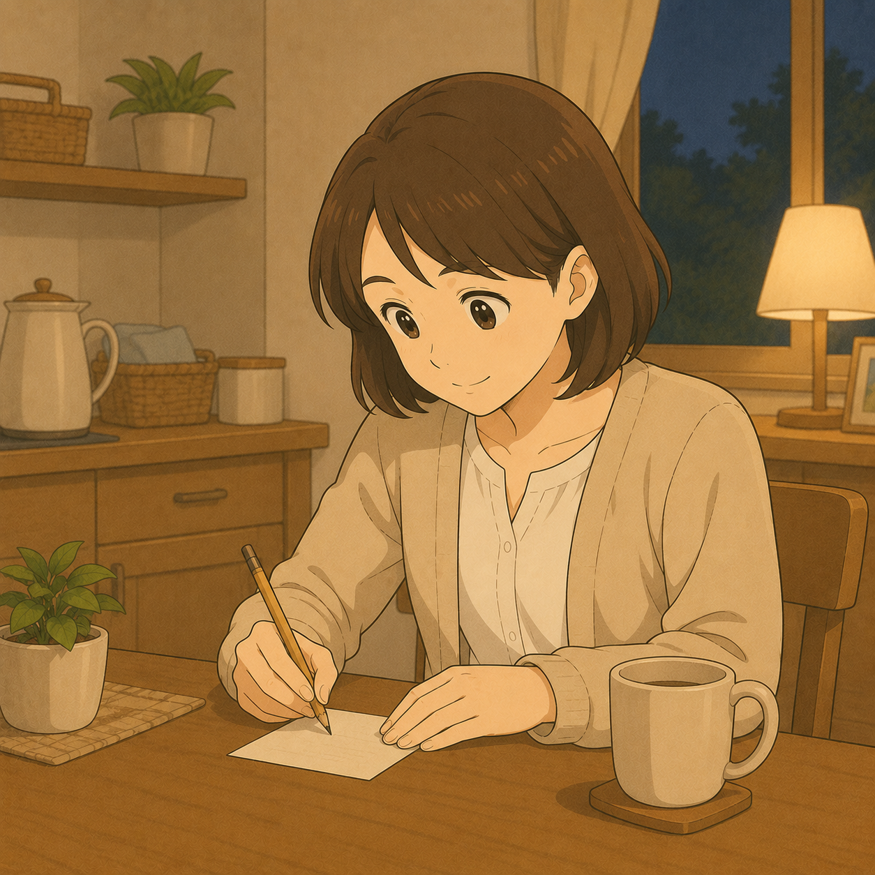夜のキッチンで困りごとメモを書く母のイラスト