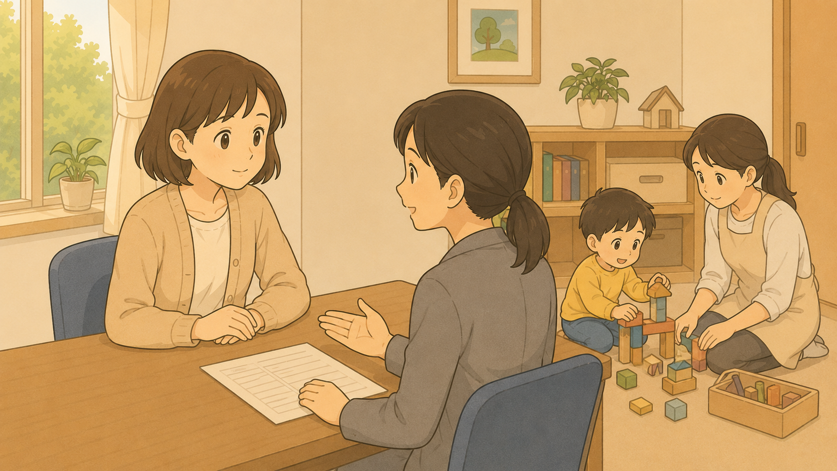 就学相談の面談で先生と話す母と、積み木で遊ぶ男の子のイラスト