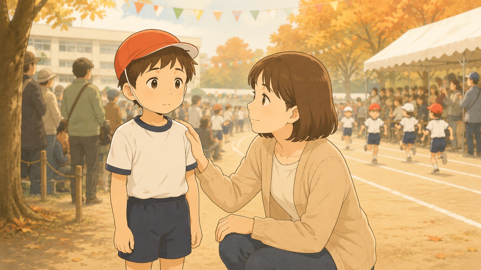運動会で少し圧倒されている子どもに寄り添う母親のイラスト