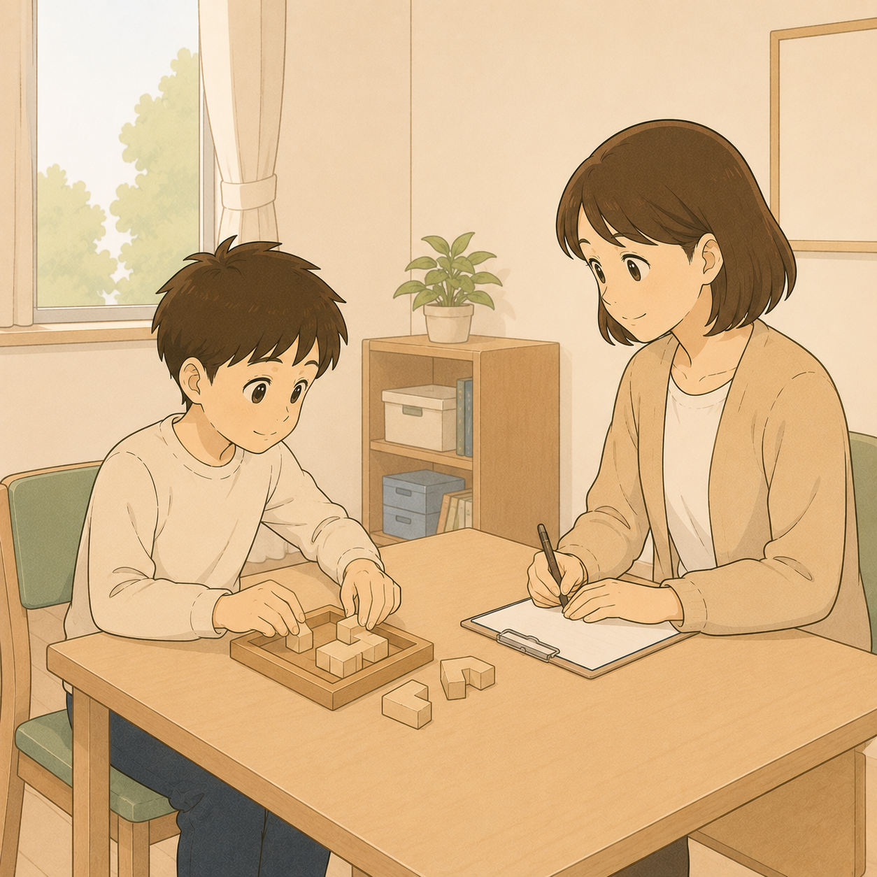 検査室で先生と1対1で積み木パズルに取り組む男の子のイラスト