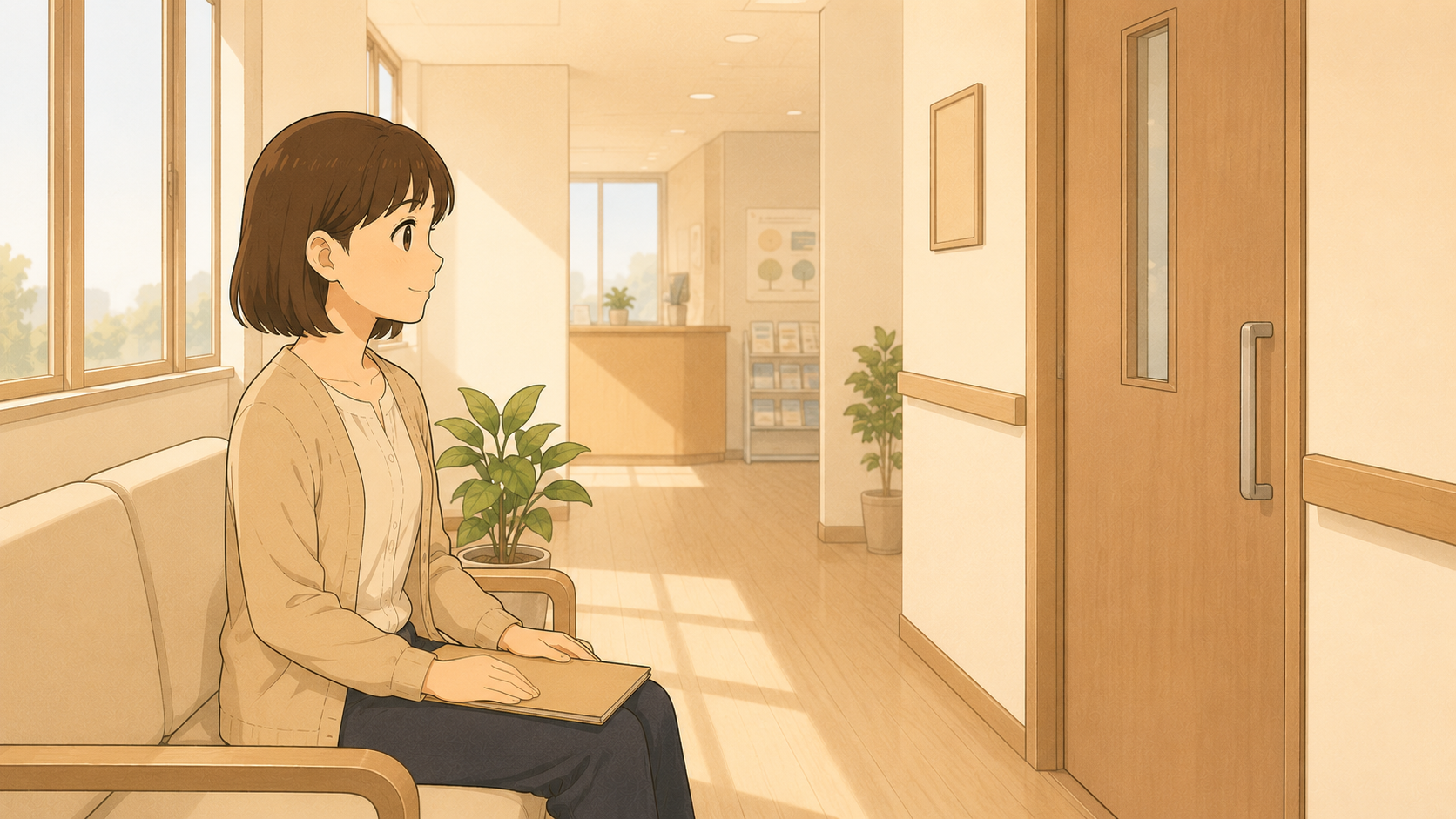 支援センターの廊下のベンチで検査を待つ母のイラスト