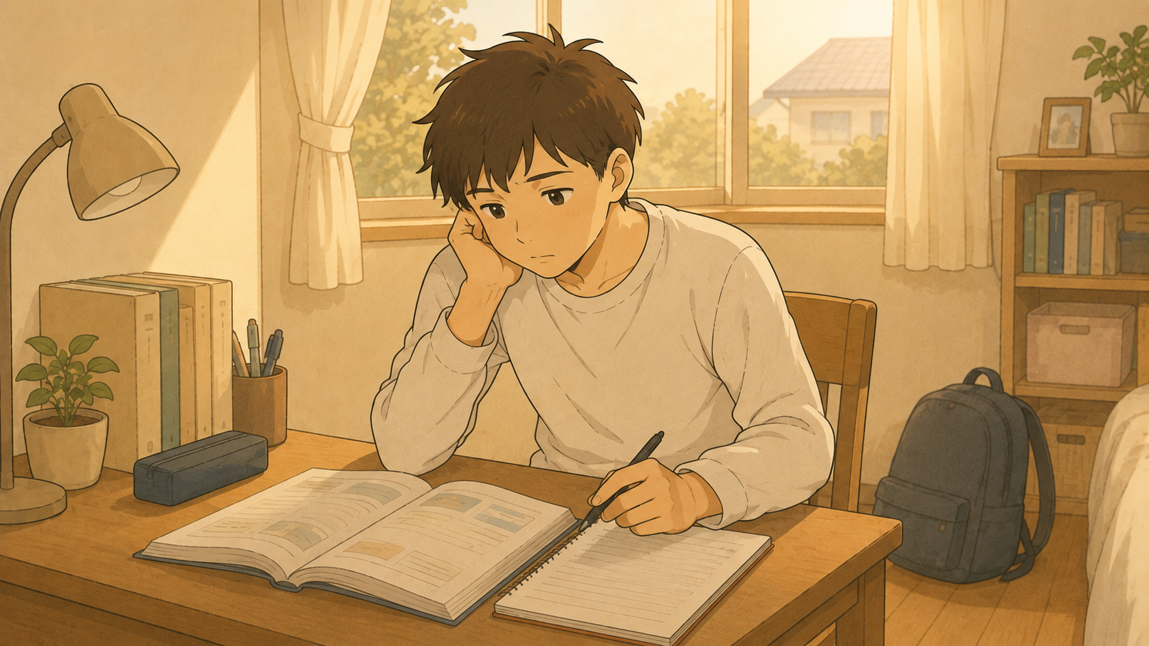 机に向かうが手が止まっている高専生