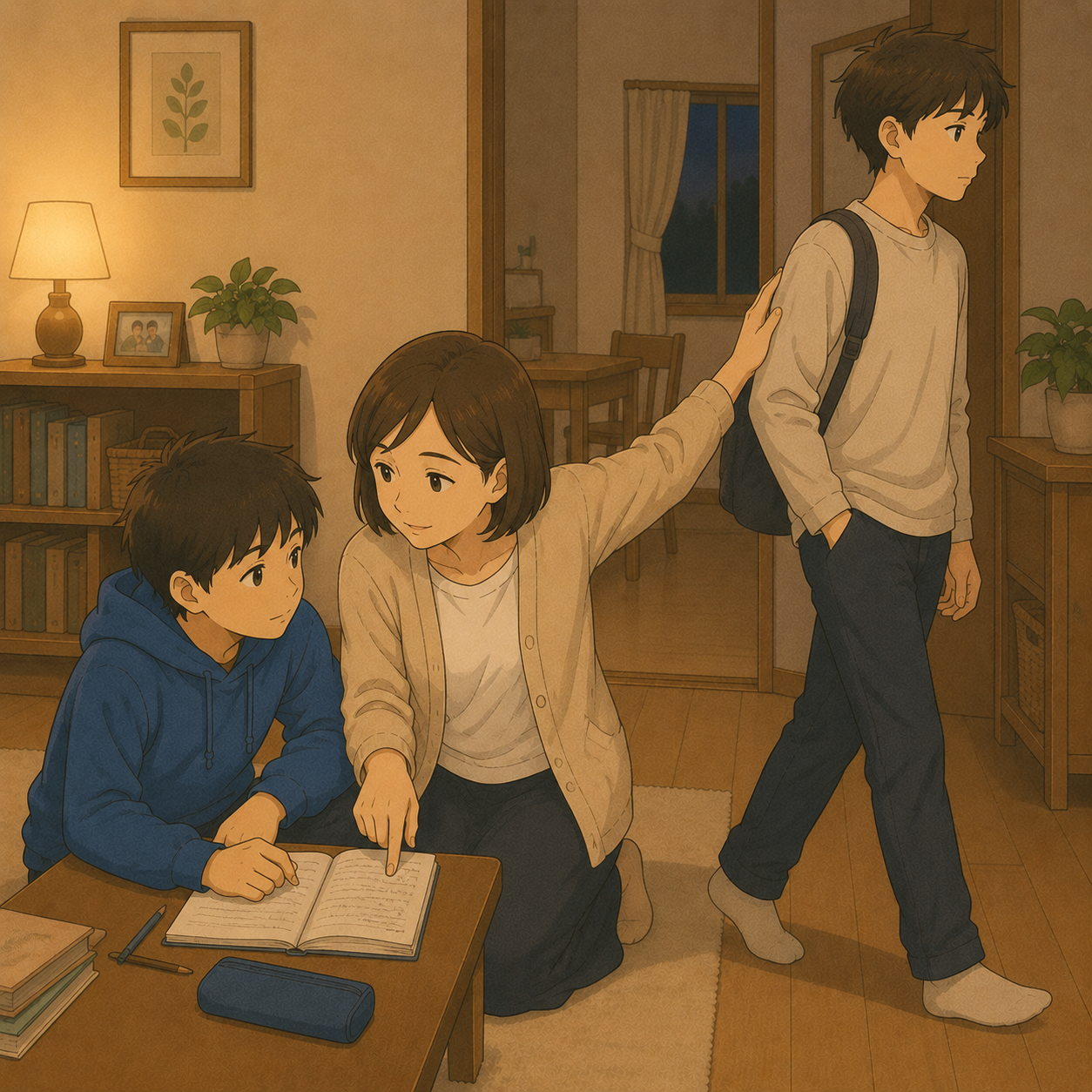次男にはしゃがんで説明し長男には肩を叩く母