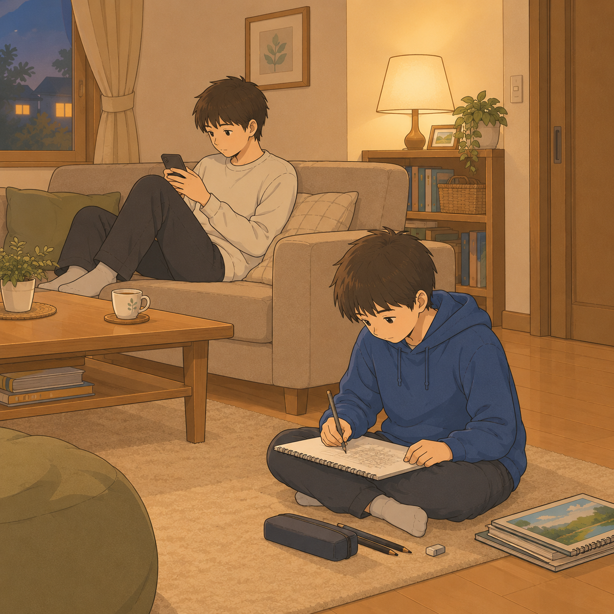 同じ部屋でそれぞれに過ごす兄弟