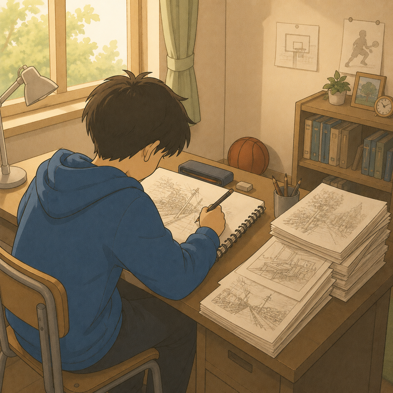 机で絵を描くことに没頭する中学生