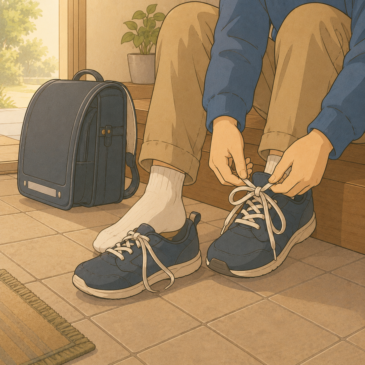 玄関で靴ひもを結ぶ手元