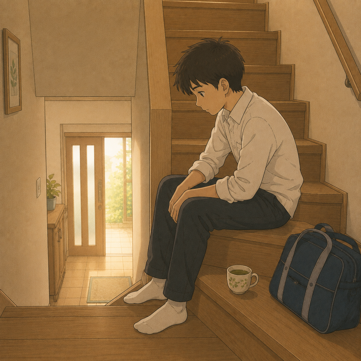 朝の階段の途中に座る中学生