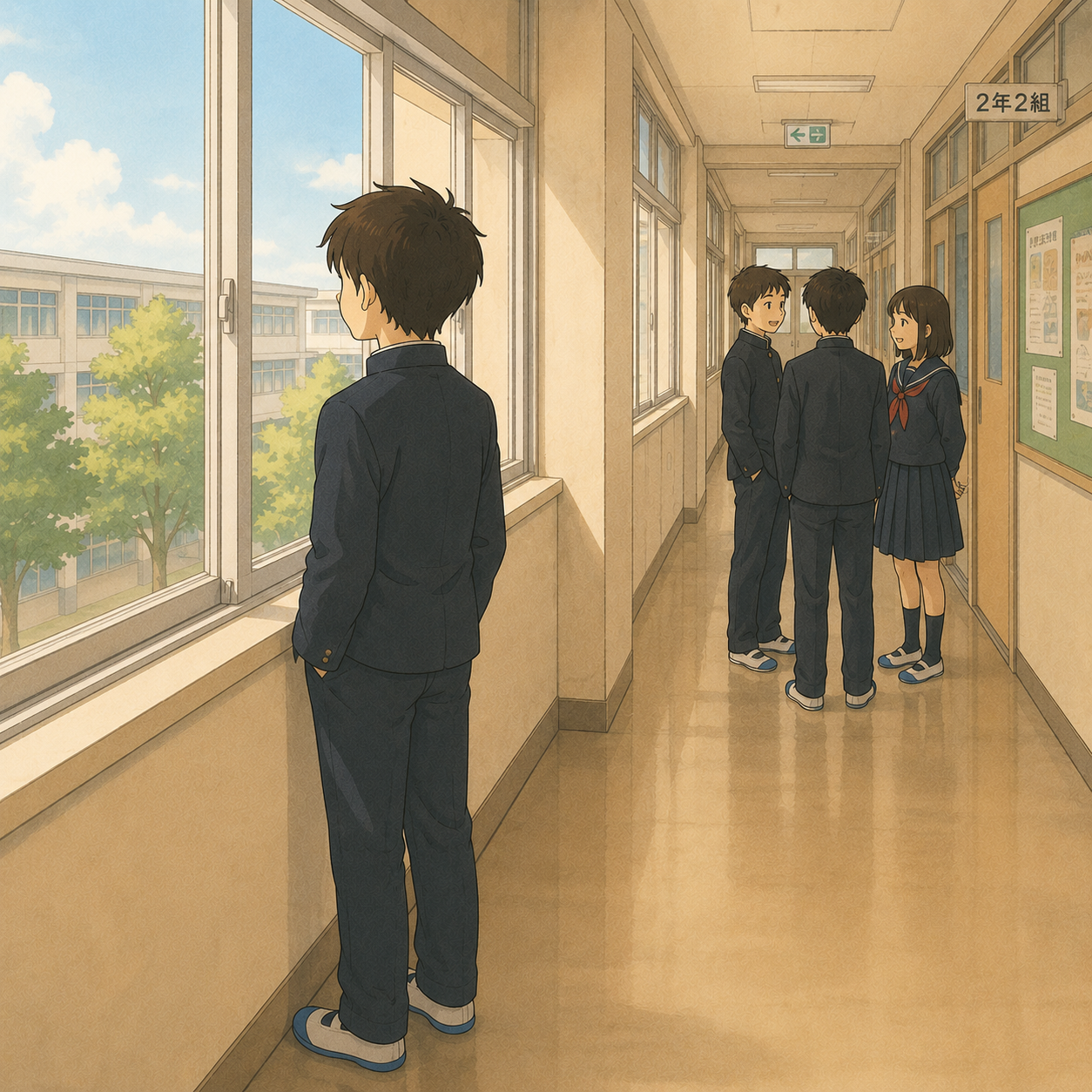 休み時間に窓辺で一人過ごす中学生