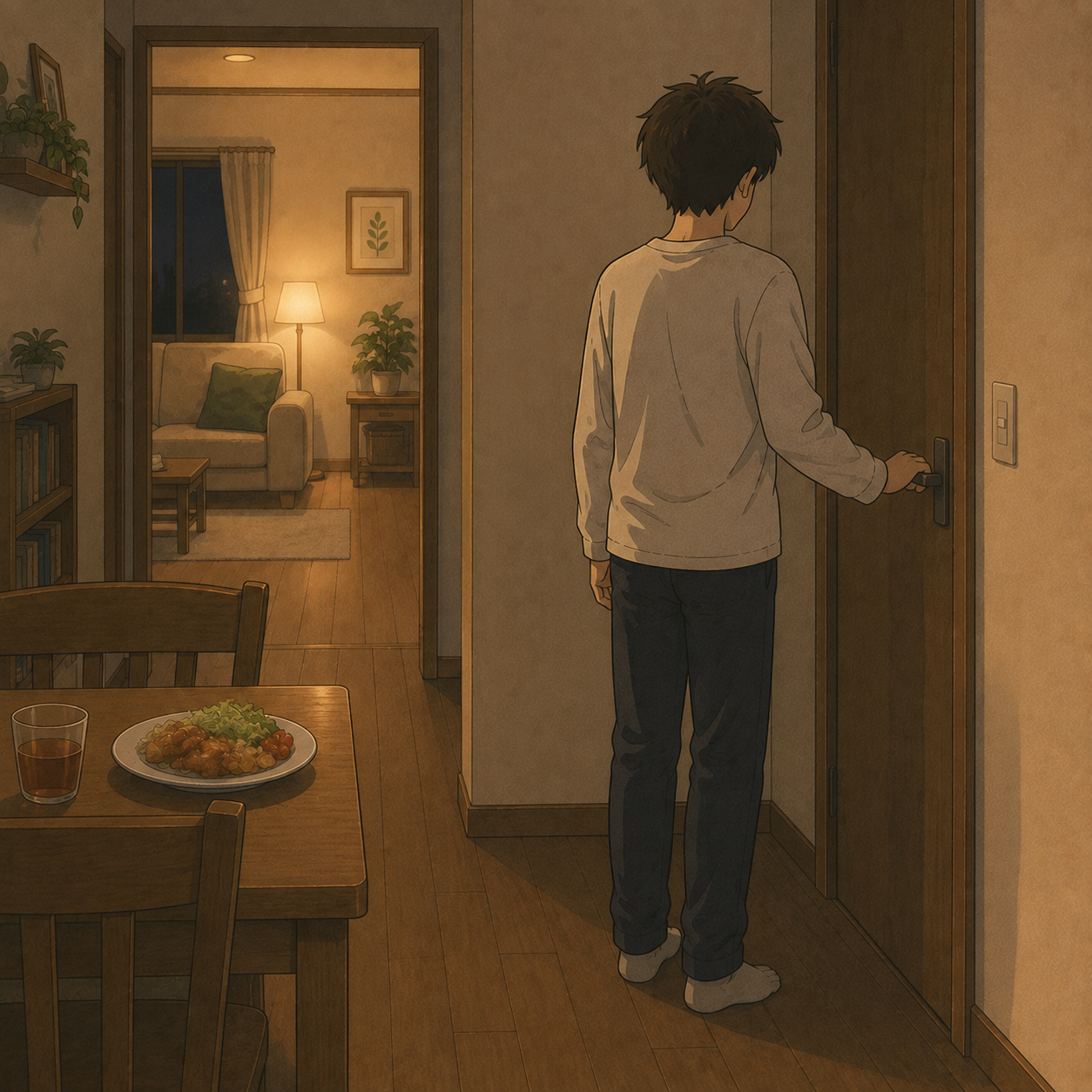 夜の廊下で部屋のドアの前に立ち止まる中学生