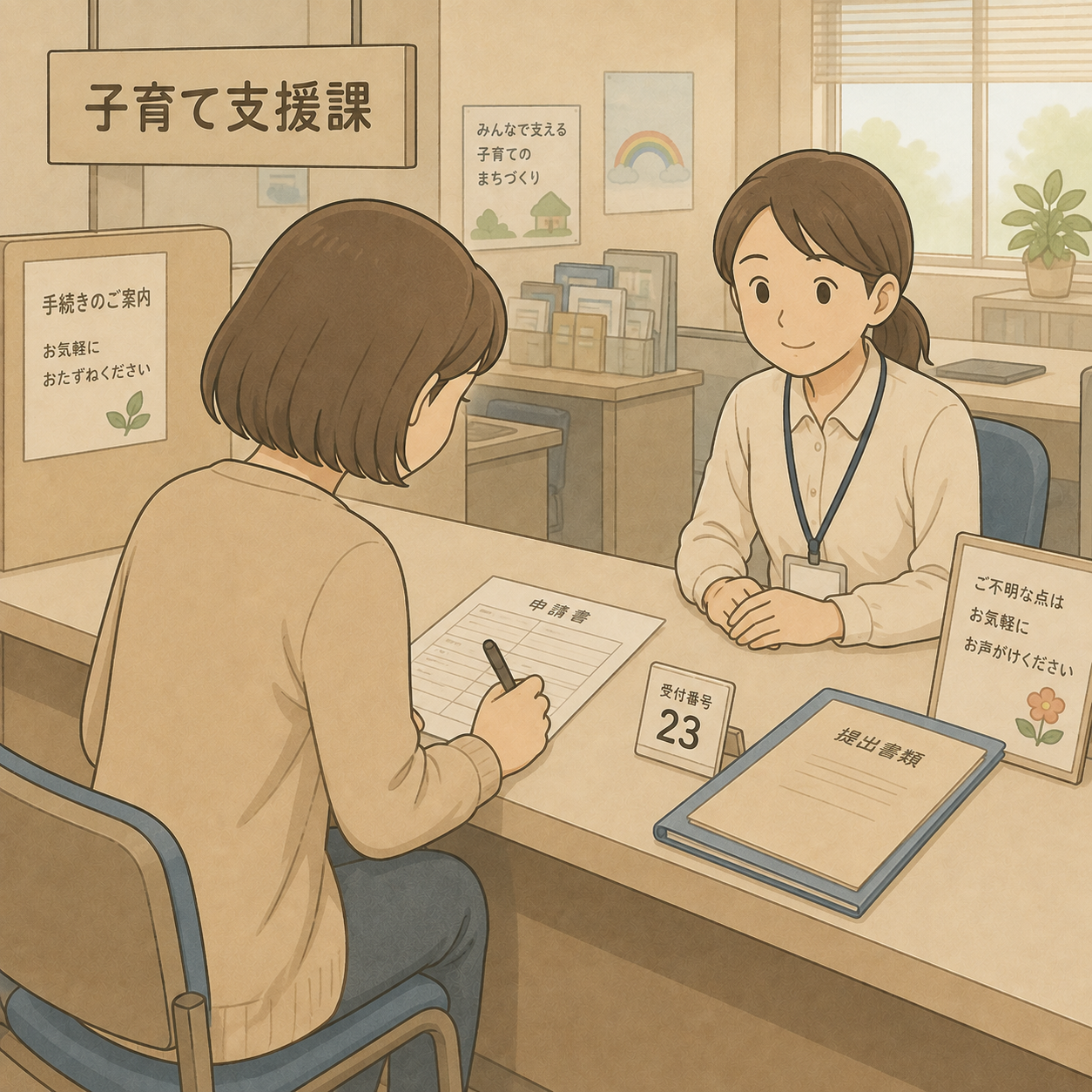 役所の窓口で申請書を書く母