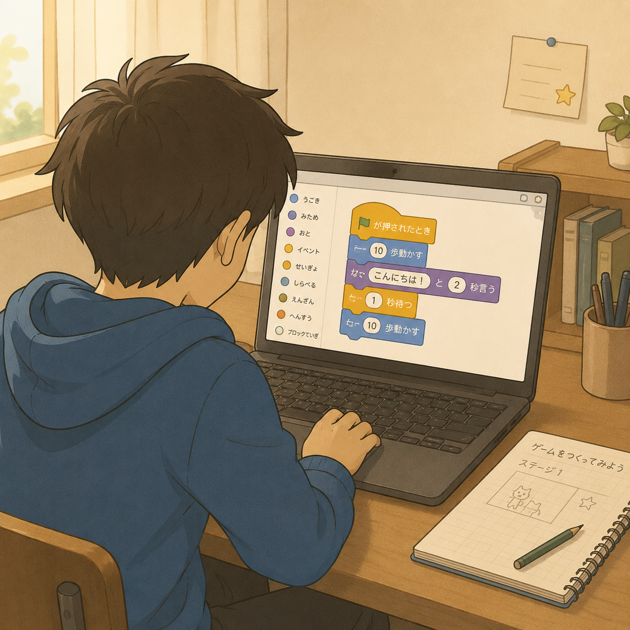 ブロックプログラミングに集中する中学生