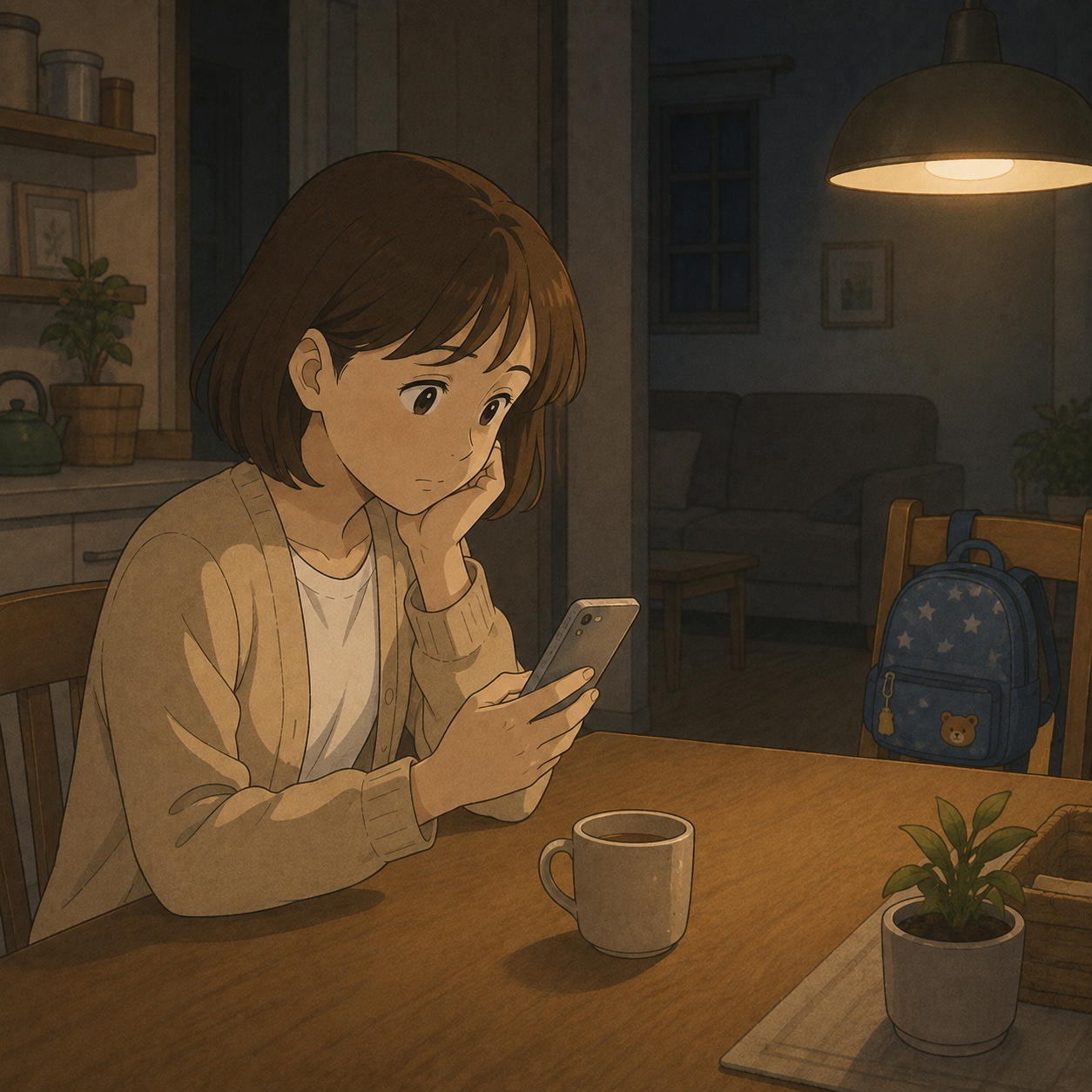 夜の食卓でスマホを見ながら考えこむ母