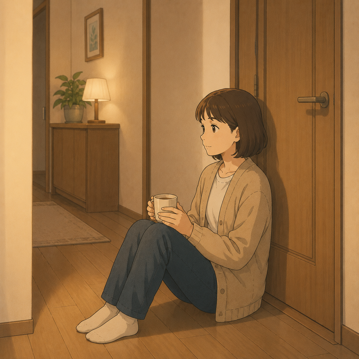 閉じたドアの外に静かに座って待つ母