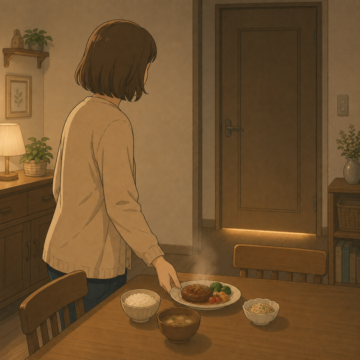 食卓にごはんを置いて静かに離れる母とドアの隙間の光