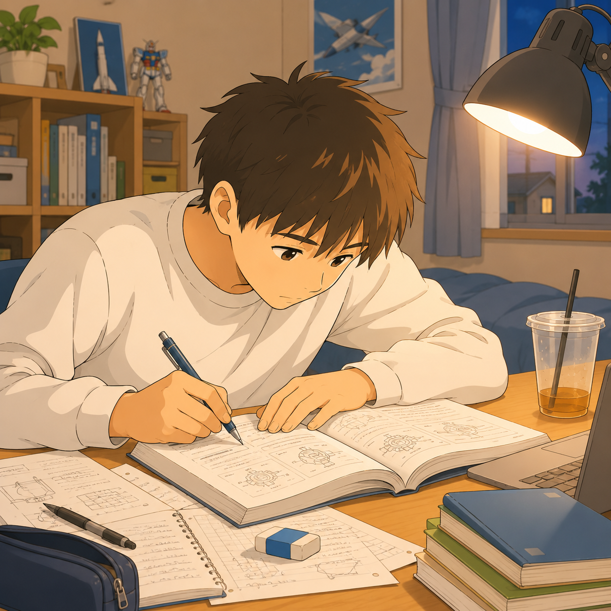 夜の机で技術書に没頭する高専生