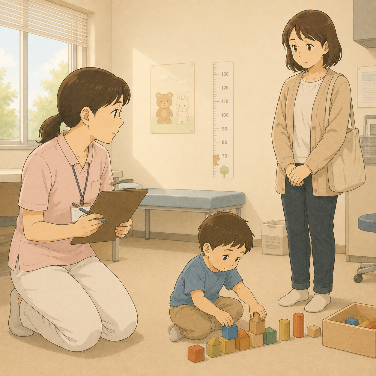 検診で積み木に没頭する3歳児と保健師・戸惑う母