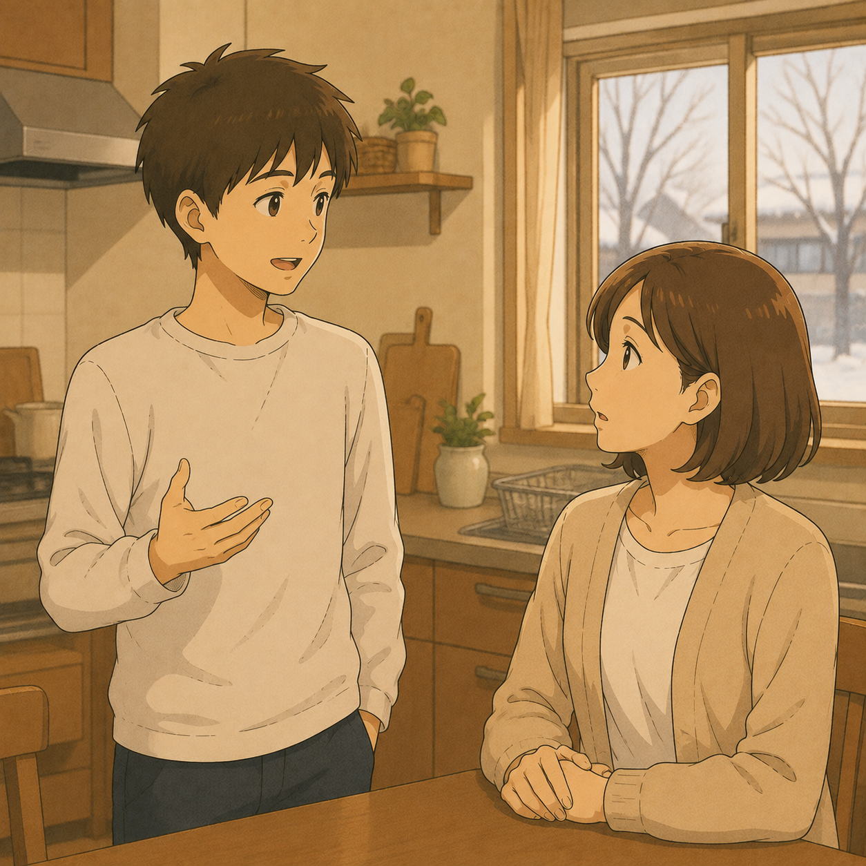 冬の台所で母に自分の決めたことを話す長男