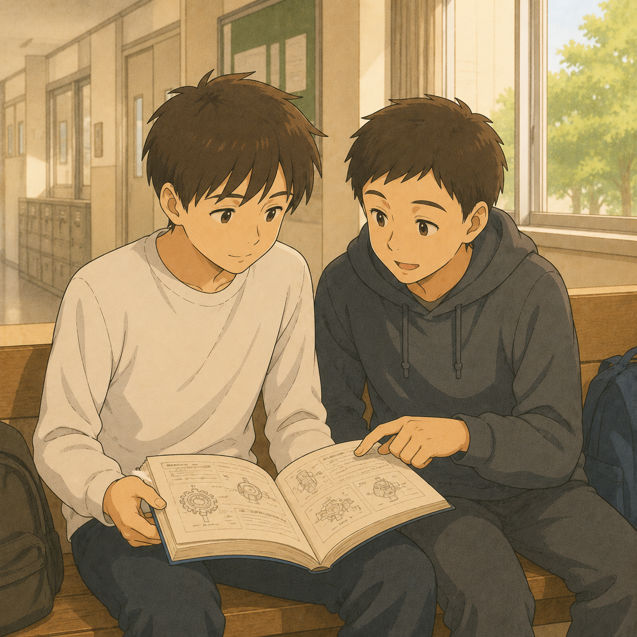 高専の廊下で同級生と教科書を一緒に見る長男