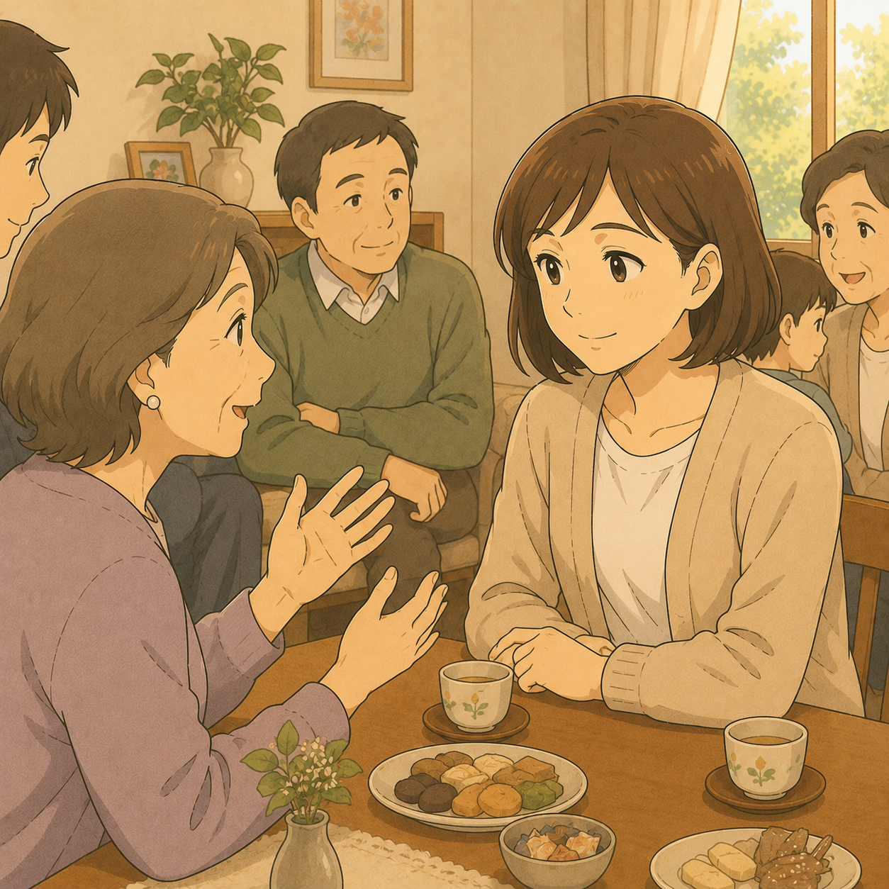 親族の集まりで善意の助言を静かに聞く母