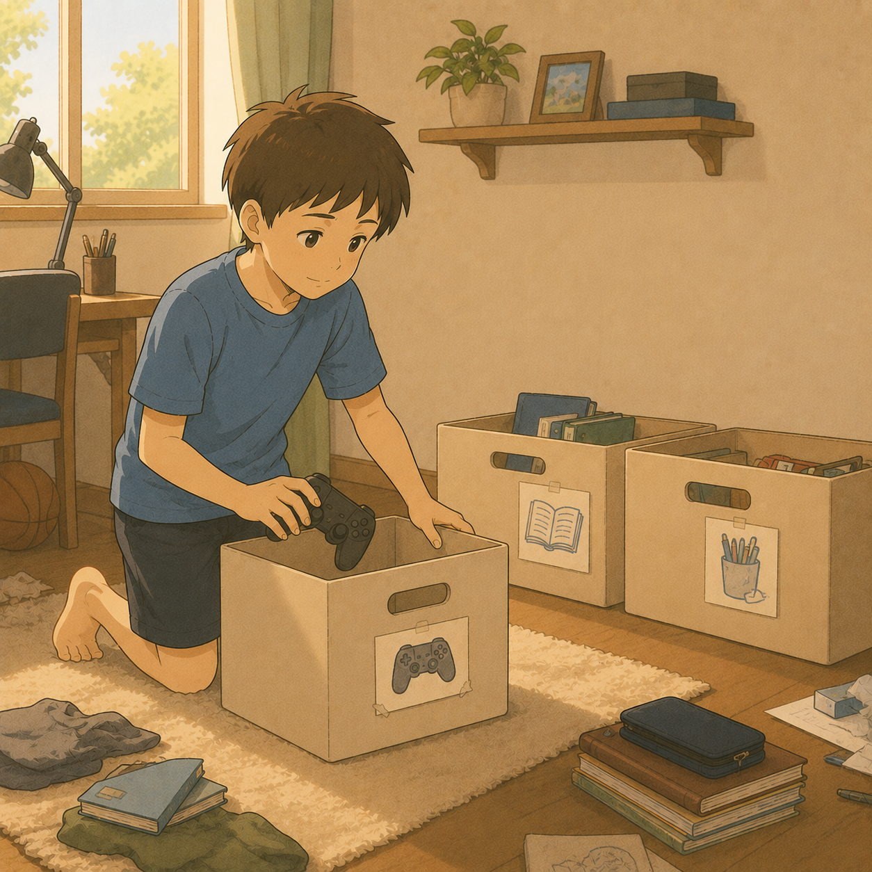 絵のラベルを貼った箱にゲーム機を戻す子
