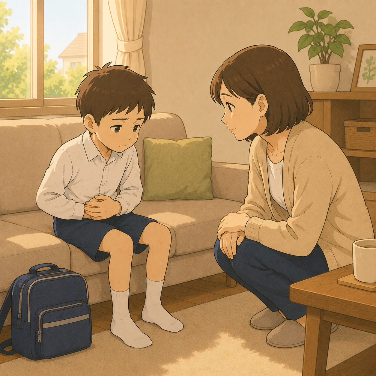 朝ソファでお腹を押さえる子と、目線を合わせる母