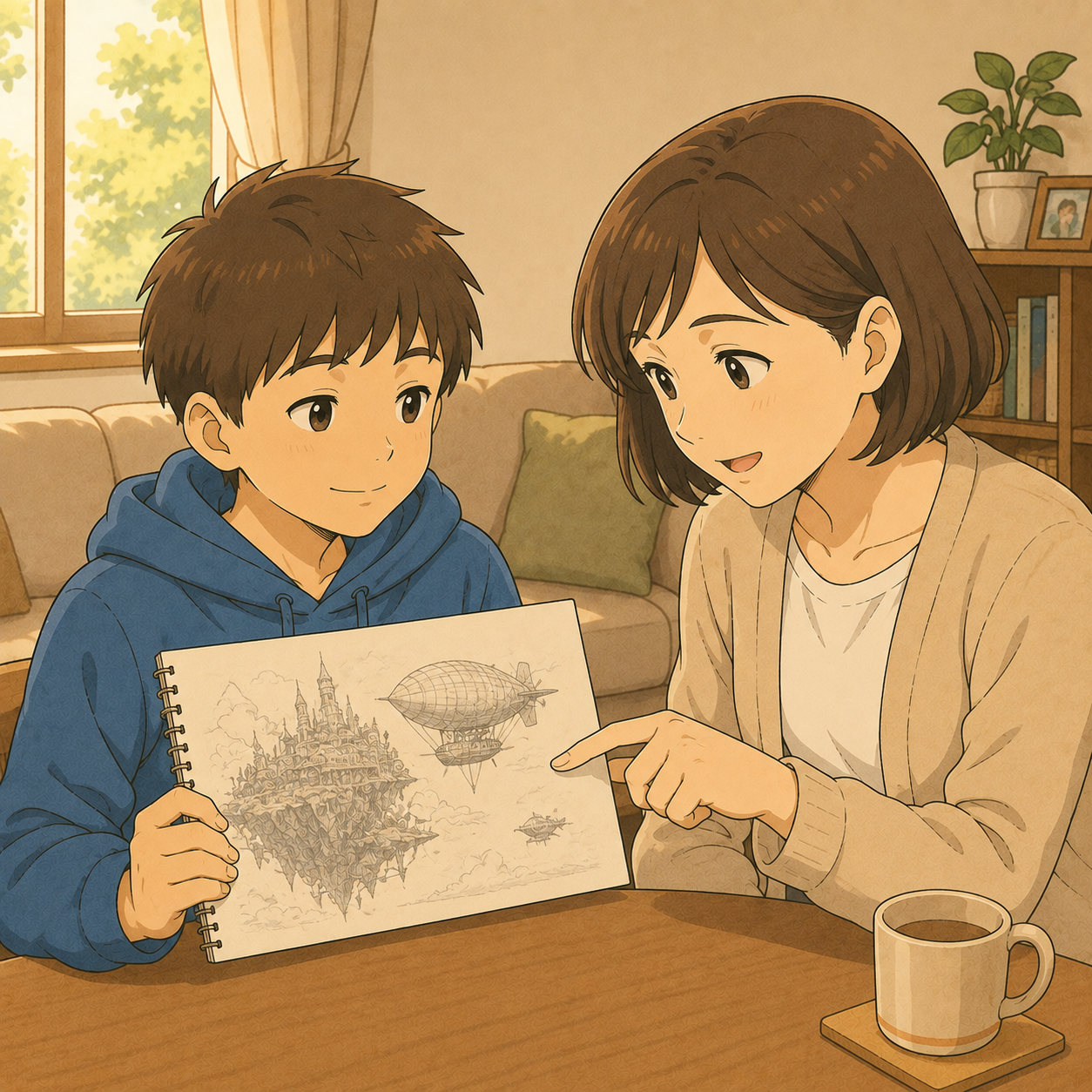 描いた絵を母に見せる次男と、興味を持って聞く母