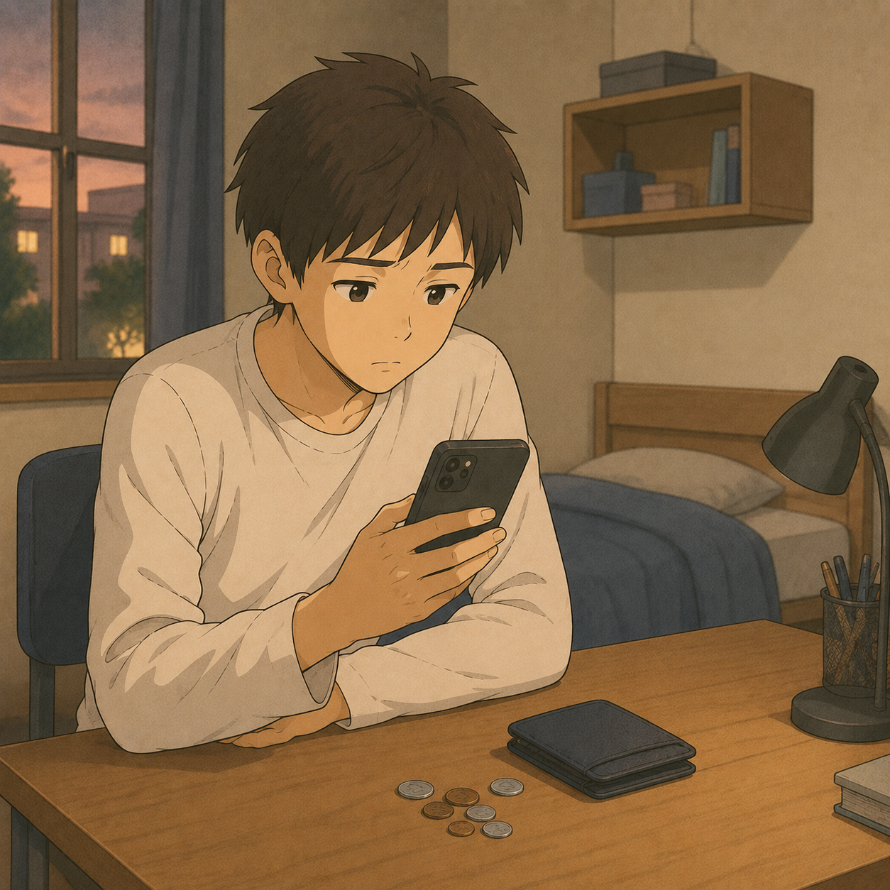 寮の机で小銭と財布を前にスマホを見る高専生
