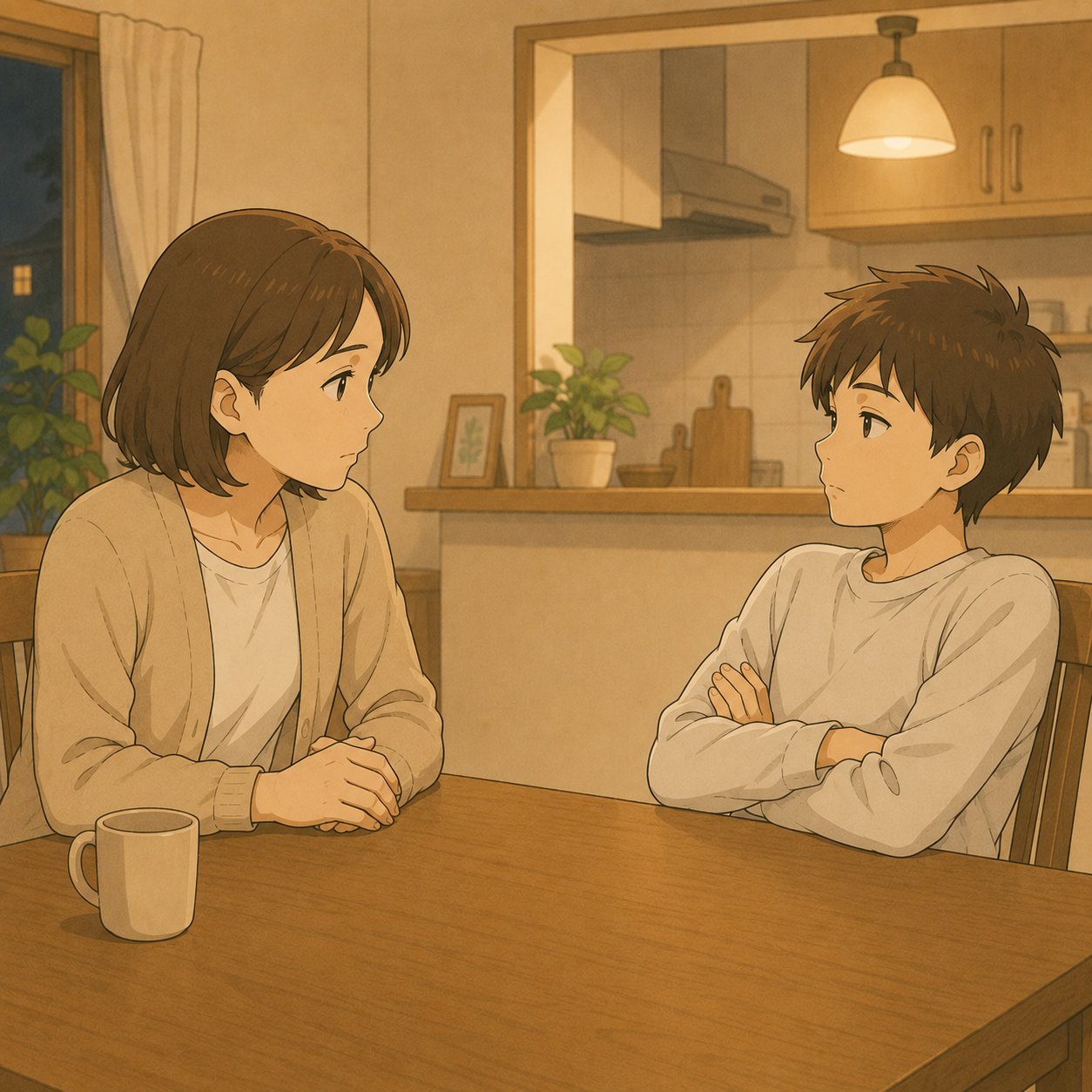 食卓で腕を組む息子と、静かに向き合う母