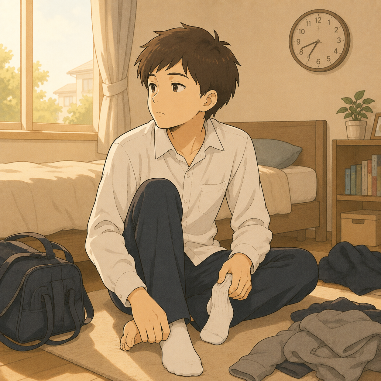 靴下を持ったまま考えごとで止まっている中学生
