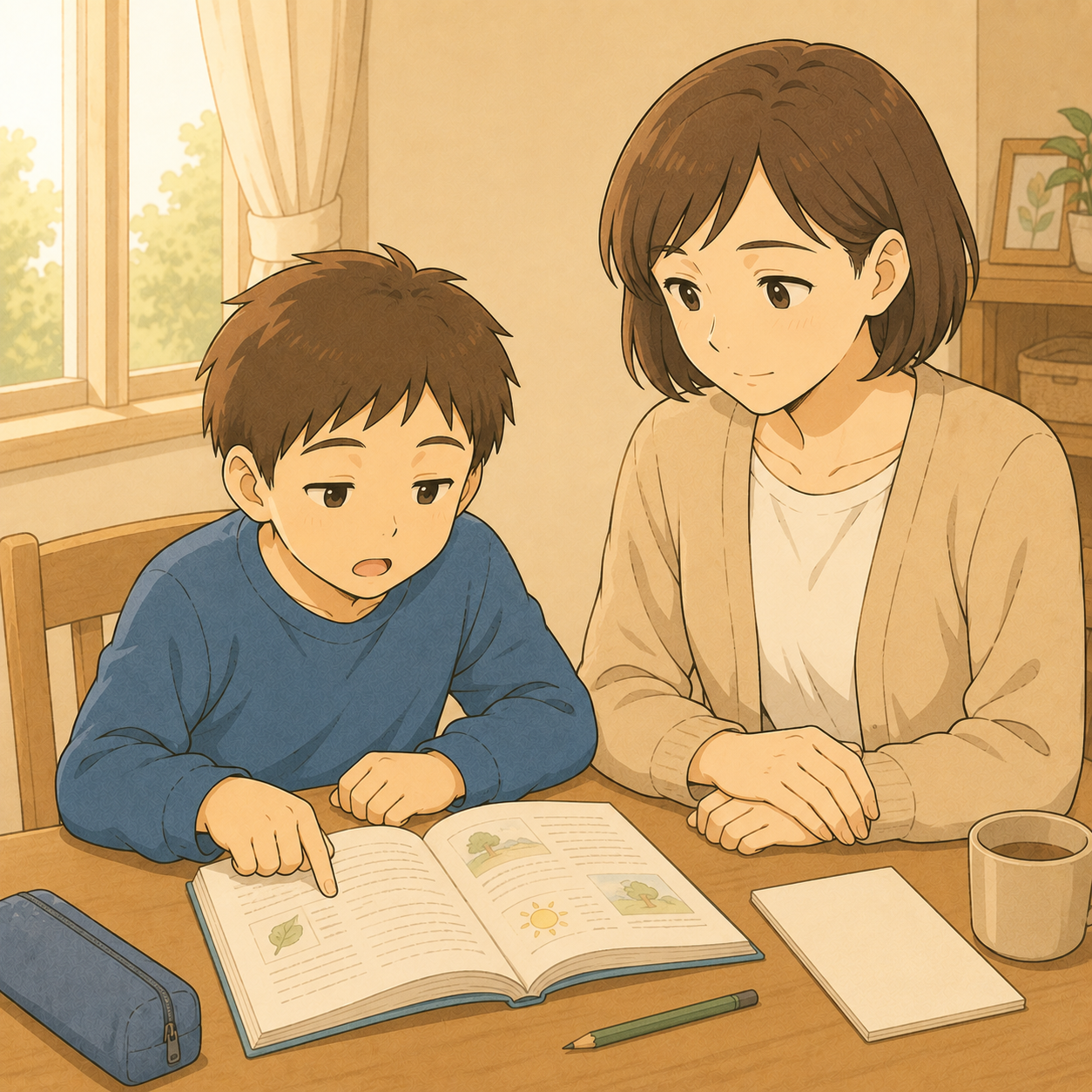 教科書を指でなぞって音読する子と、隣で静かに聞く母