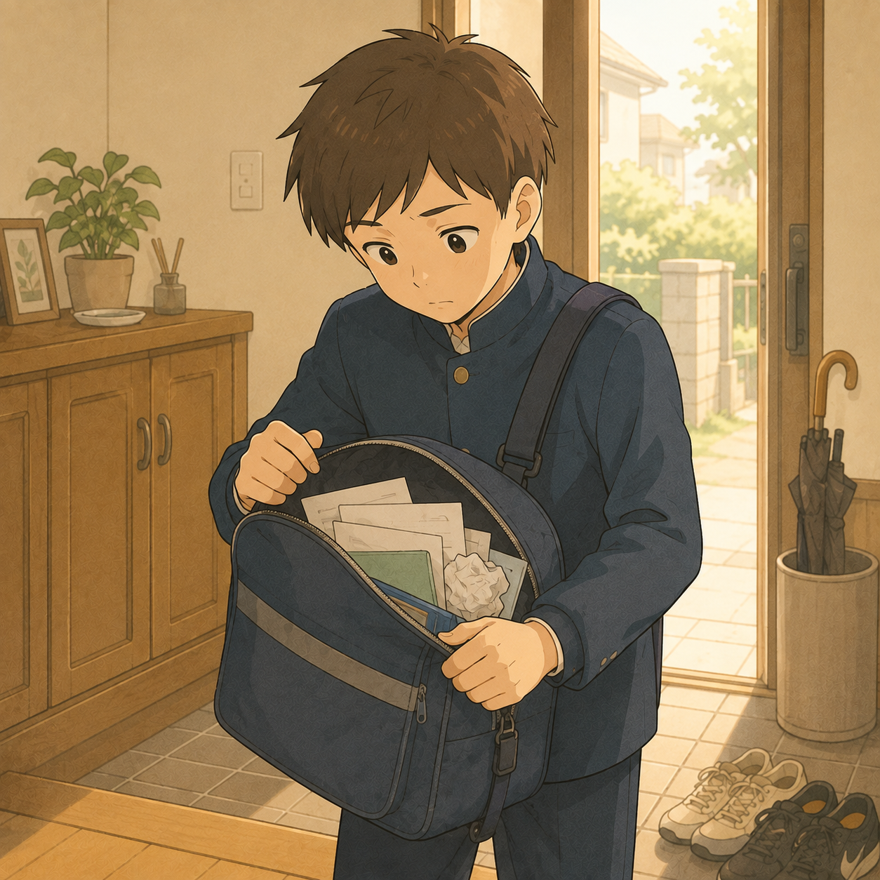 開いたカバンの中を見て何が足りないか分からない中学生