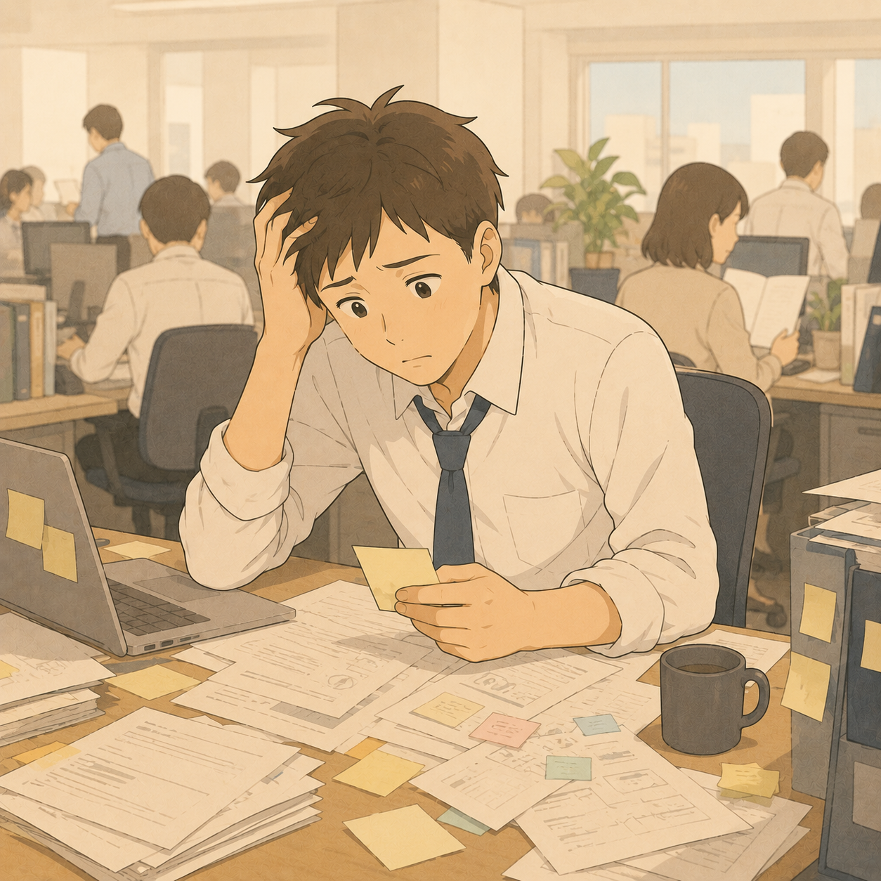 職場で書類に囲まれ困っている大人