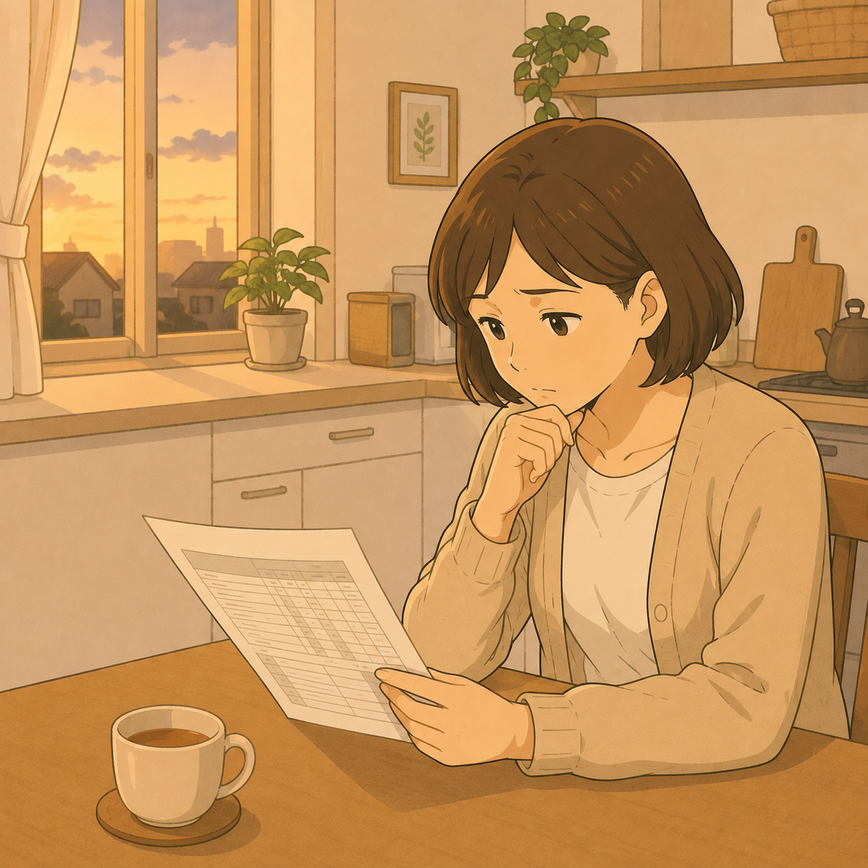 通知表を見て考え込む母